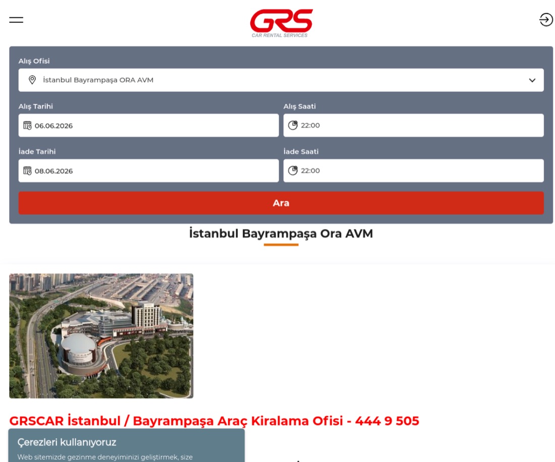 GRSCAR Araç Kiralama canlı web sitesi