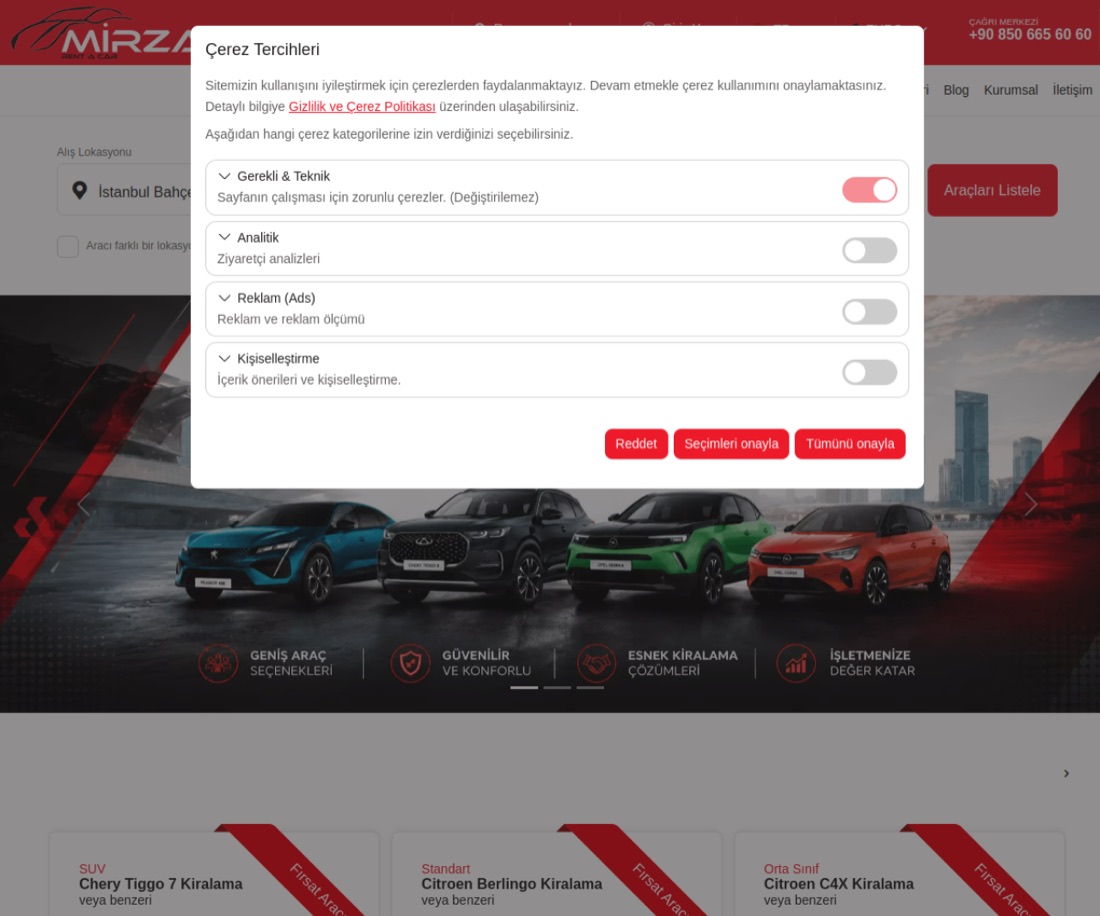 Mirza Rent A Car canlı web sitesi